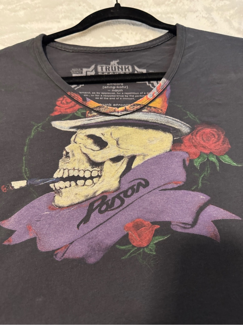 Trunk Ltd Black Graphic Skull Tee with Purple Banner and Red Roses